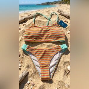 Cupshe Rainbow Striped Bikini with Turquoise Accents